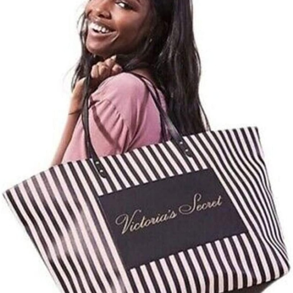 VICTORIA'S SECRET LARGE BLUSH PINK & BLACK STRIPED SHOPPER TOTE BAG #5 - Picture 10 of 10
